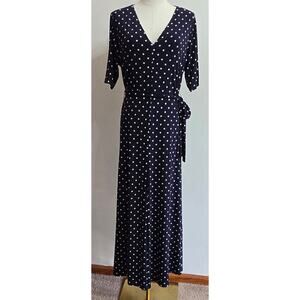 Chaus NY Women Classic Preppy Staple Navy White Polka Dot Faux Wrap Maxi Dress L